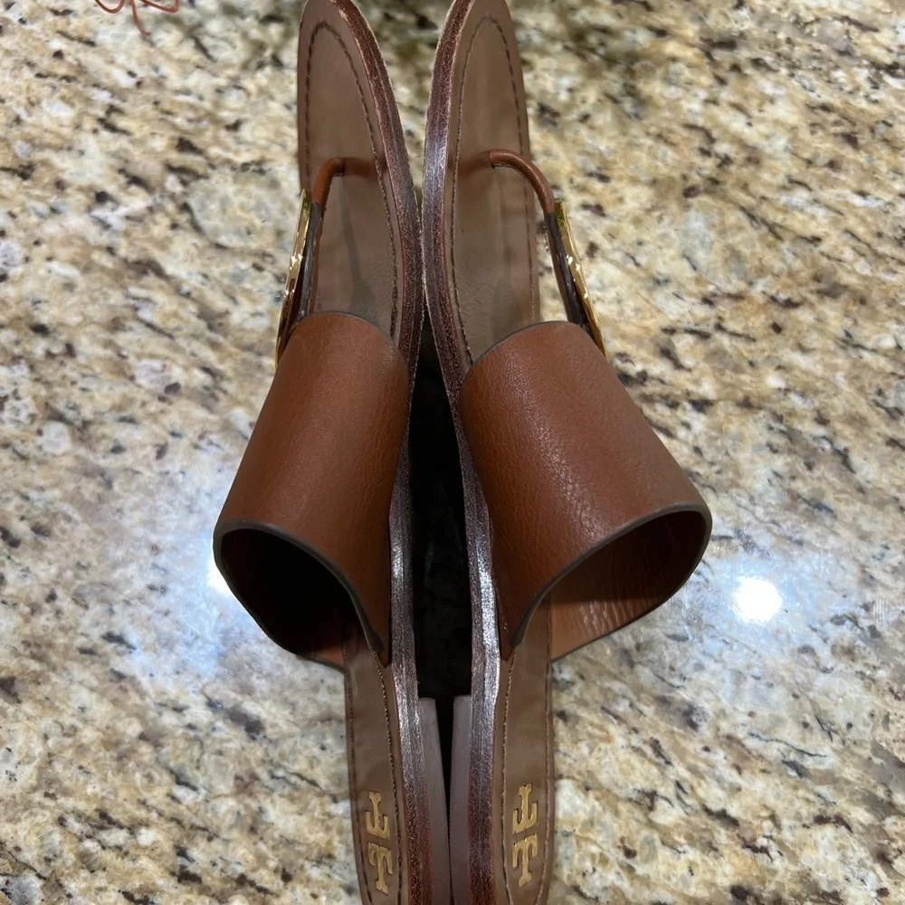 Tory Burch Patos Disk Brown Leather Flat Sandals 9.5